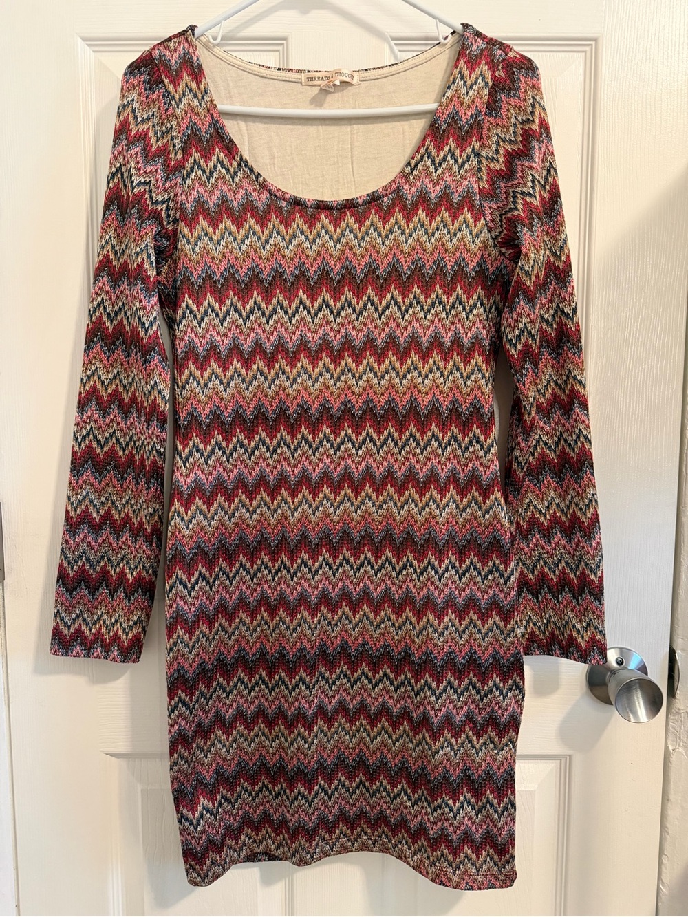 Threads 4 Thought Zigzag Long Sleeve Dress in Red, Pink and Cream